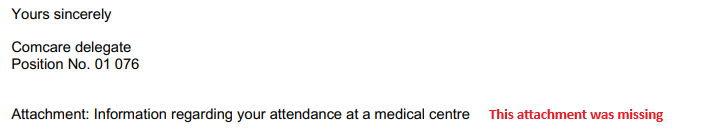 Signature block of the Comcare employee providing the Section 57 notice attached to above email as a PDF