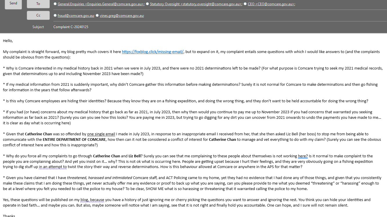 My complaint email sent to Comcare