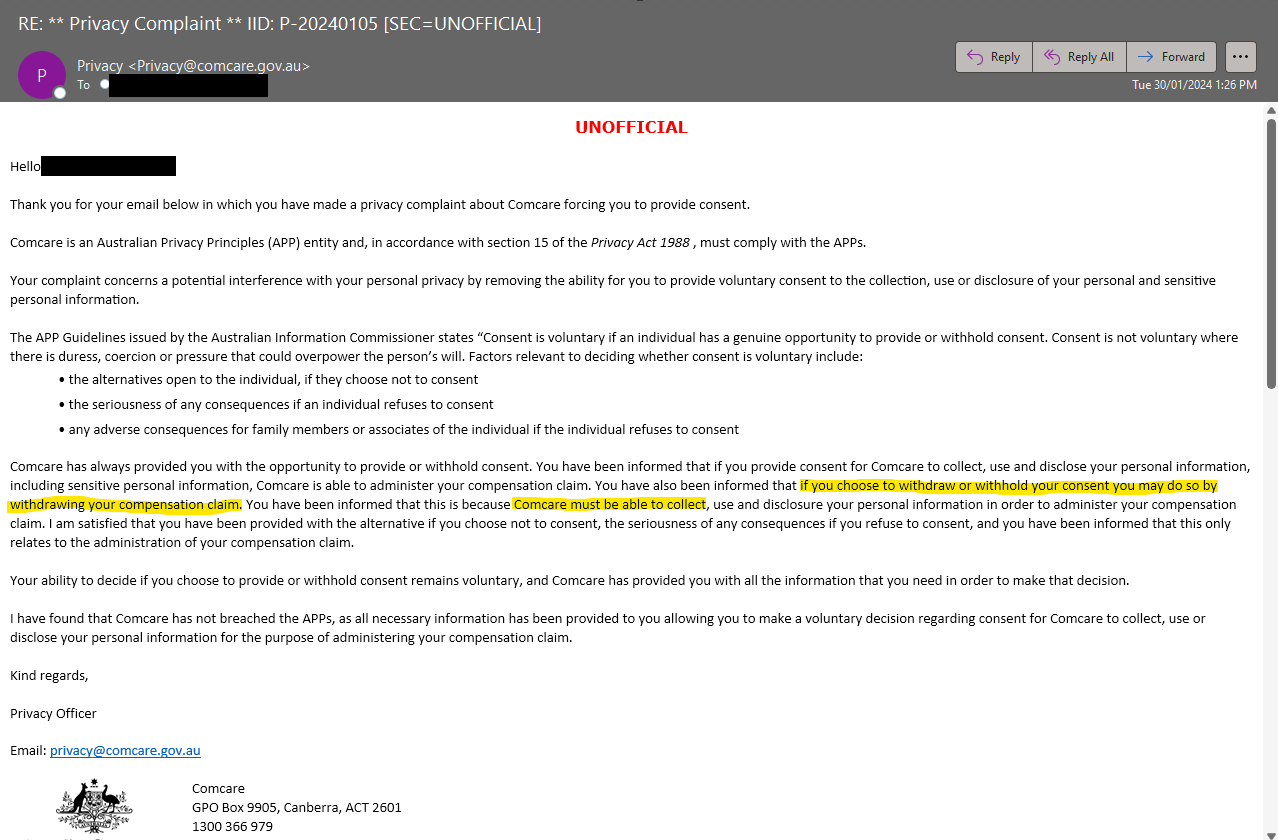 The reply I received to my complaint from Comcare's privacy team