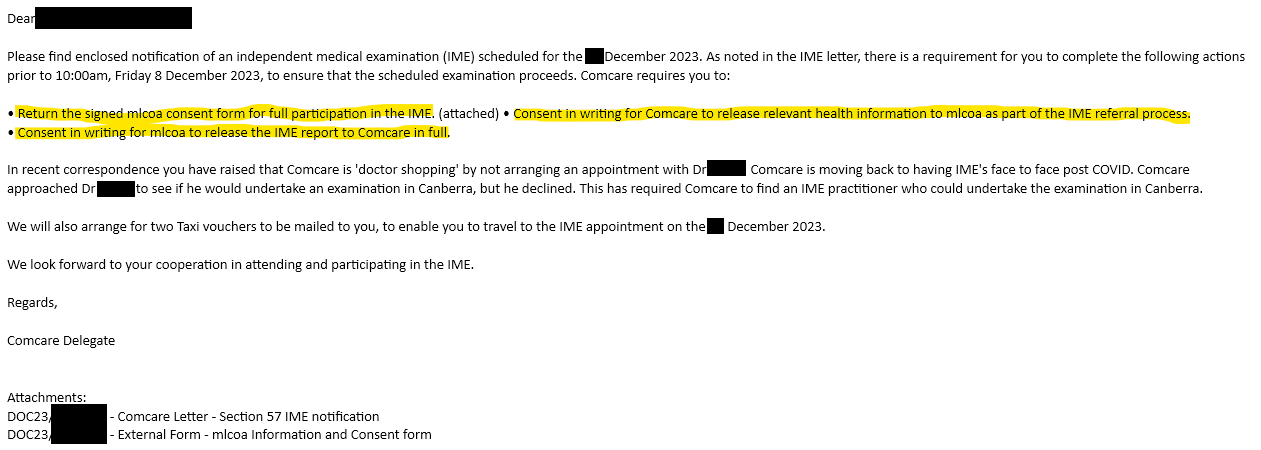 An email I received from Comcare in early December 2023