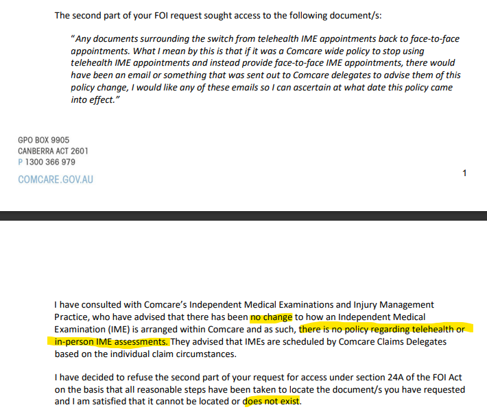 FOI response from Comcare which proves the Comcare delegate was lying