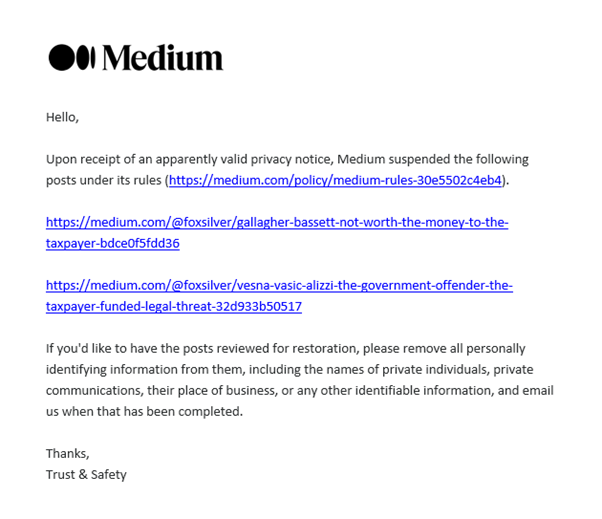 Notice from medium.com that some posts have been unpublished.