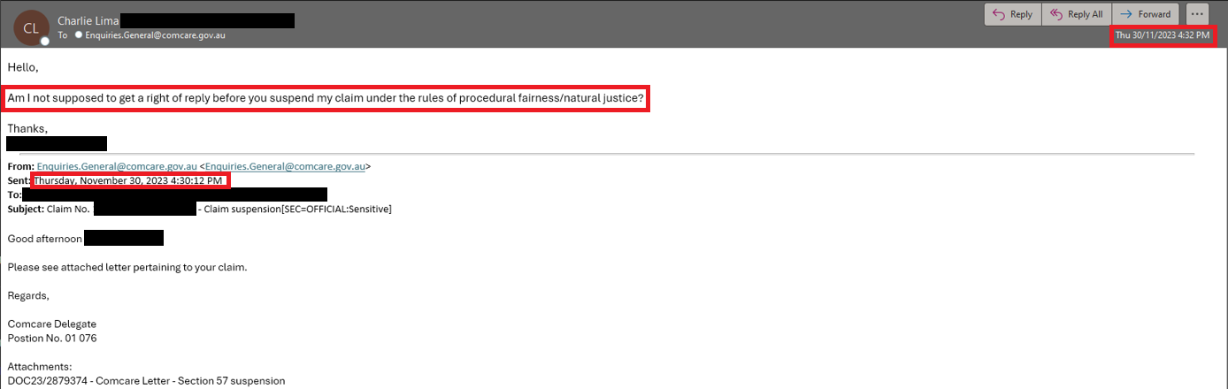 Email received advising of claim suspension, and my immediate response