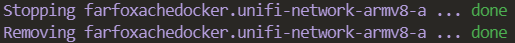 The docker container is stopped and removed, killing the UniFi Network Server Application in the process