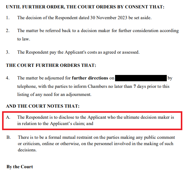 Orders made in my court case against Comcare