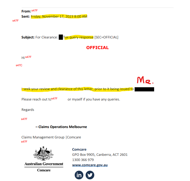 An email I got from Comcare under FOI