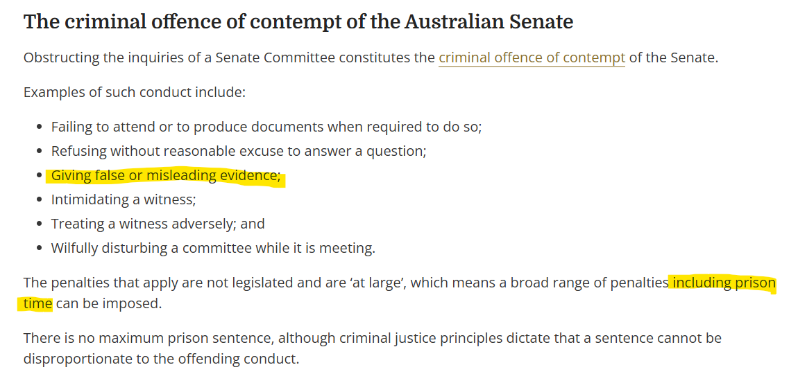 Behaviour that comprises a criminal offence for misleading the Senate