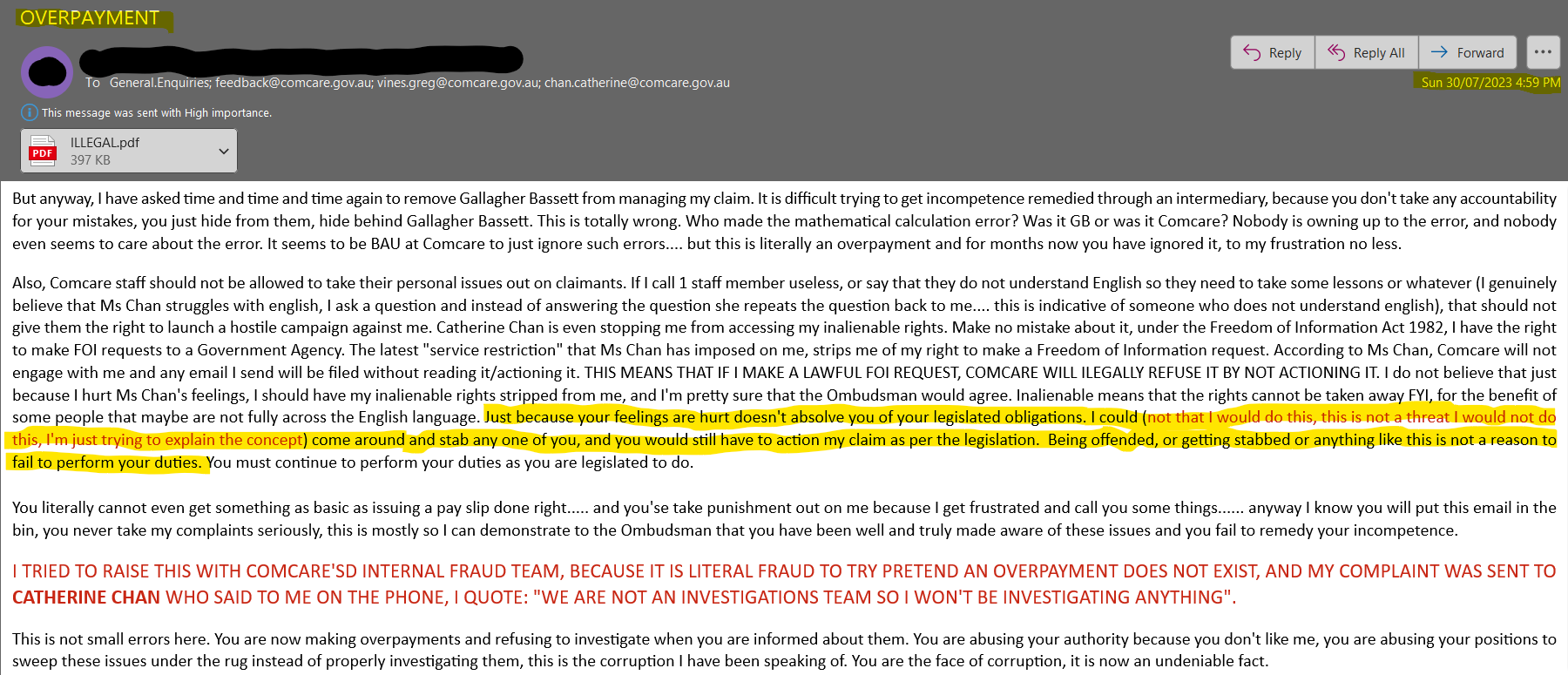 My email 30/7/25 where a snippet was read from into the Senate inquiry 